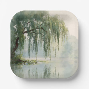 Serene Willow Tree Reflection Nature Art (9) Paper Plates