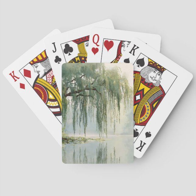 Serene Willow Tree Reflection Nature Art (9) Poker Cards (Back)