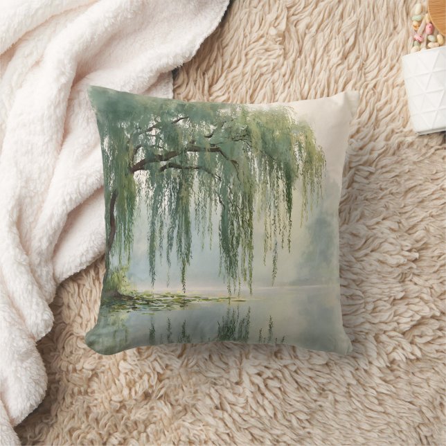 Serene Willow Tree Reflection Nature Art (9) Throw Pillow (Blanket)
