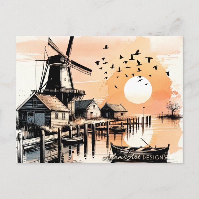 Serene Windmill Sunset Harbor Holiday Postcard (Front)