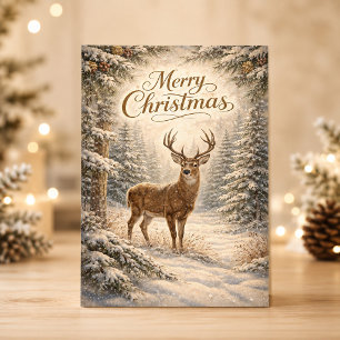 Serene Winter Deer Merry Christmas Forest Scene Holiday Card