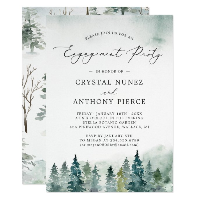 Serene Winter Forest Pine Trees Engagement Party Invitation