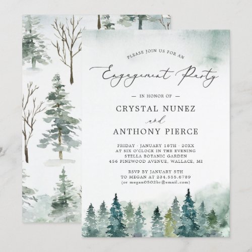 Serene Winter Forest Pine Trees Engagement Party Invitation