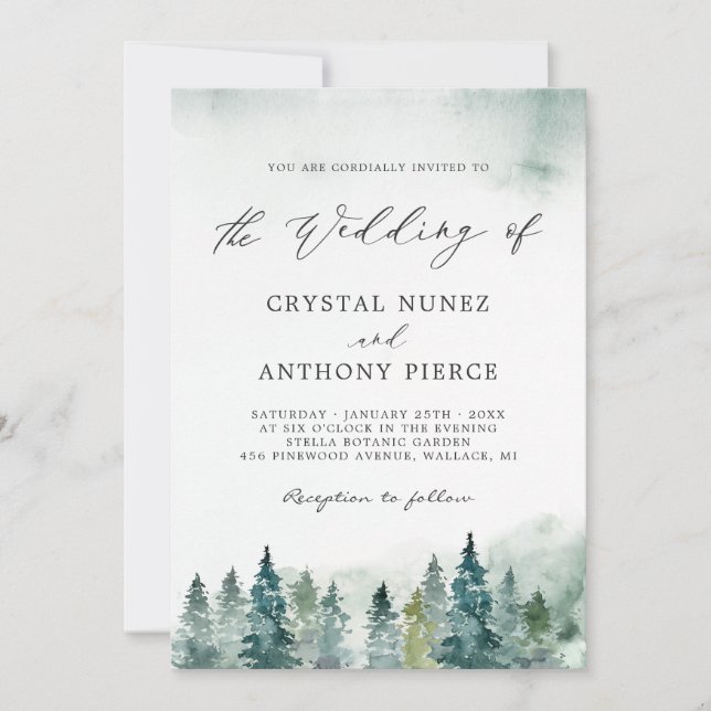 Serene Winter Forest Pine Trees Wedding Invitation (Front)