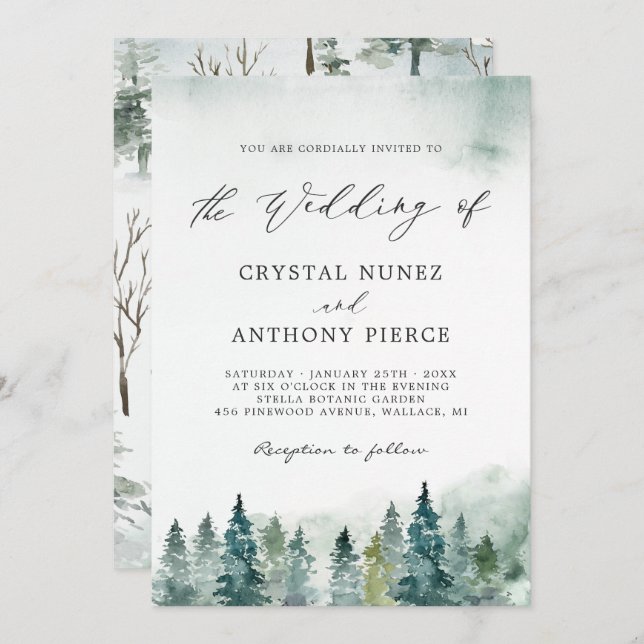 Serene Winter Forest Pine Trees Wedding Invitation (Front/Back)
