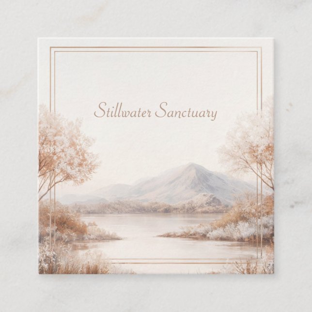 Serene Winter Landscape Gold Frame Frosted Rustic Square Business Card (Front)