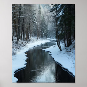 Serene Winter River Flowing Through Snowy Forest Poster