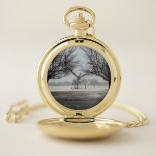 Serene Winter Snowfall Park Landscape Pocket Watch