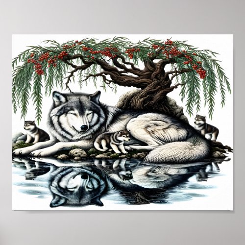 Serene Wolf Family Oasis in Idyllic Nature10x8 Poster