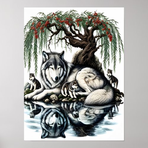Serene Wolf Family Oasis in Idyllic Nature12x16 Poster