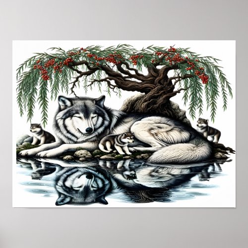Serene Wolf Family Oasis in Idyllic Nature16x12 Poster