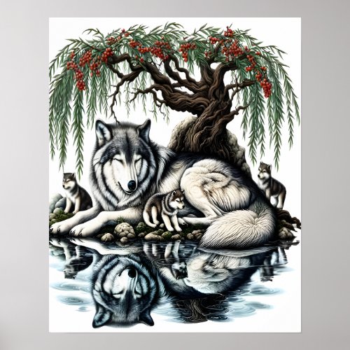 Serene Wolf Family Oasis in Idyllic Nature16x20 Poster