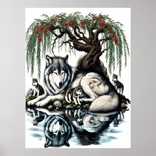 Serene Wolf Family Oasis in Idyllic Nature18x24 Poster