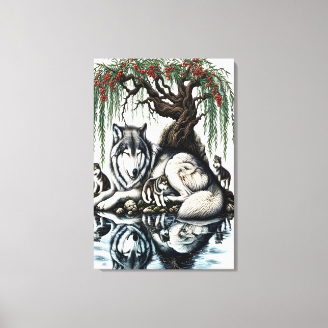Serene Wolf Family Oasis in Idyllic Nature24x36 Canvas Print (Front)