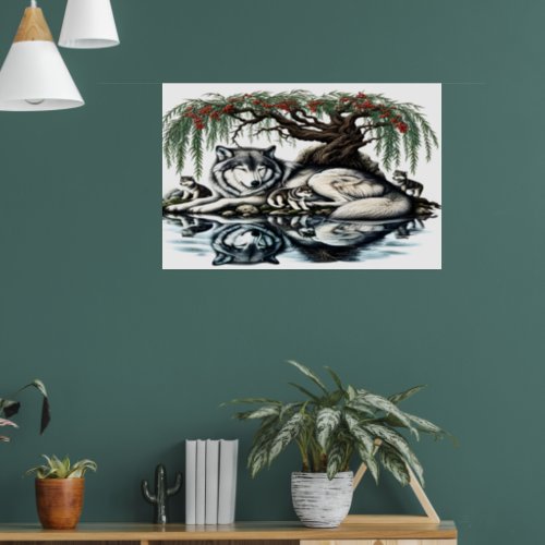 Serene Wolf Family Oasis in Idyllic Nature36x24 Poster