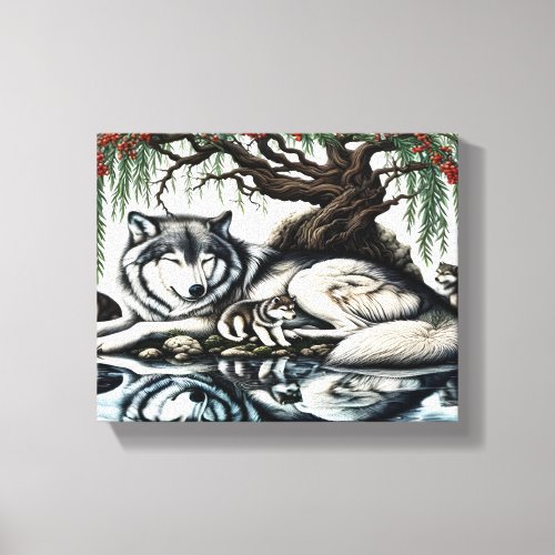 Serene Wolf Family Oasis in Idyllic Nature 10x8 Canvas Print