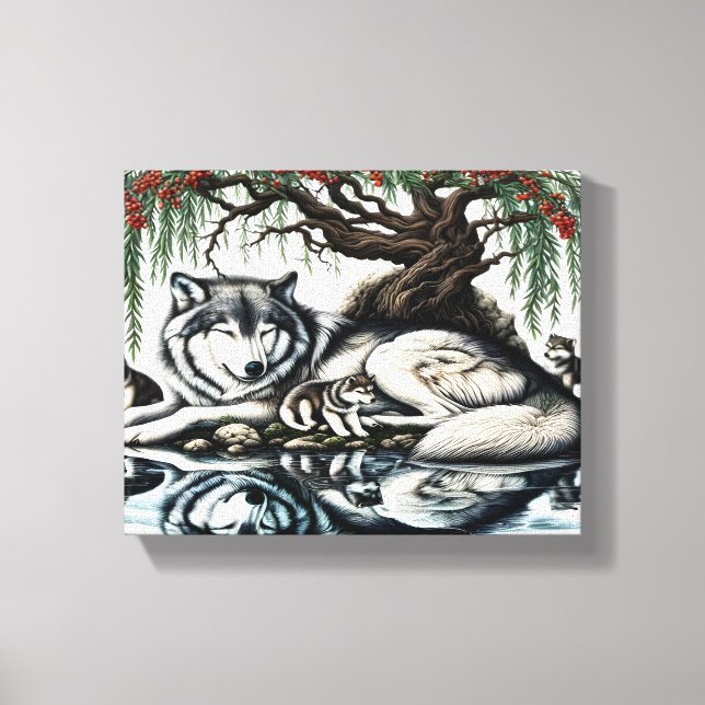 Serene Wolf Family Oasis in Idyllic Nature 10x8 Canvas Print (Front)