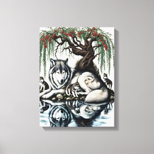 Serene Wolf Family Oasis in Idyllic Nature 12x16 Canvas Print