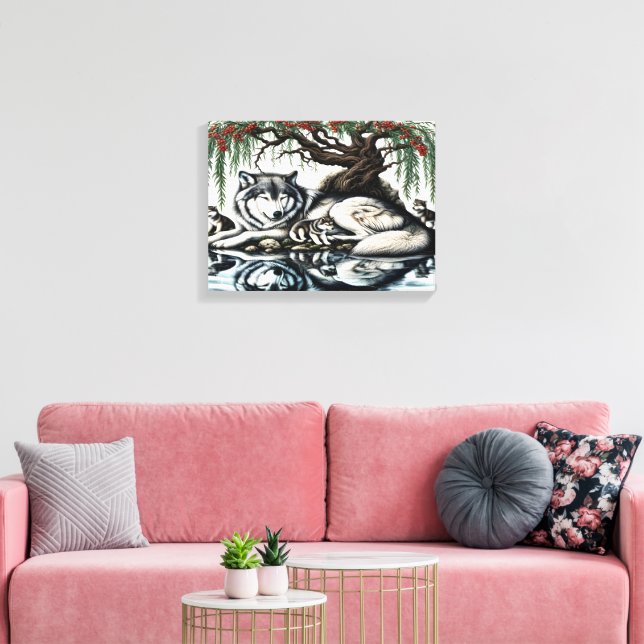 Serene Wolf Family Oasis in Idyllic Nature 16x12 Canvas Print (Insitu(LivingRoom))