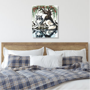 Serene Wolf Family Oasis in Idyllic Nature 16x20 Canvas Print