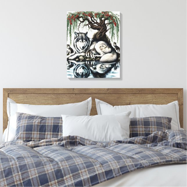 Serene Wolf Family Oasis in Idyllic Nature 16x20 Canvas Print (Insitu(Bedroom))