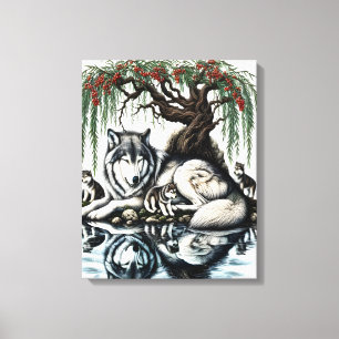 Serene Wolf Family Oasis in Idyllic Nature 16x20 Canvas Print