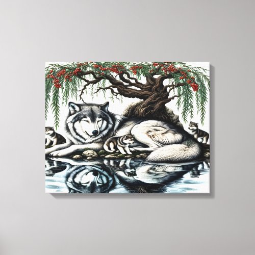Serene Wolf Family Oasis in Idyllic Nature 20x16 Canvas Print