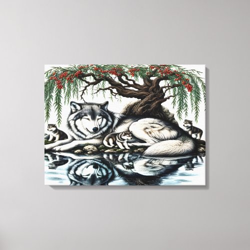 Serene Wolf Family Oasis in Idyllic Nature 24x18 Canvas Print