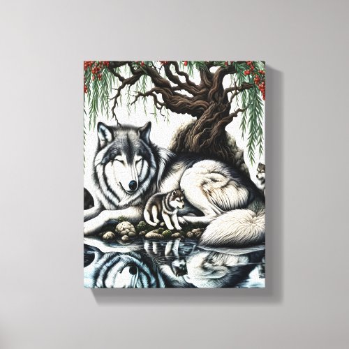 Serene Wolf Family Oasis in Idyllic Nature 8x10 Canvas Print