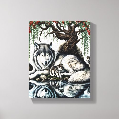 Serene Wolf Family Oasis in Idyllic Nature 8x10 Canvas Print
