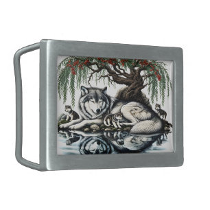 Serene Wolf Family Oasis in Idyllic Nature Belt Buckle