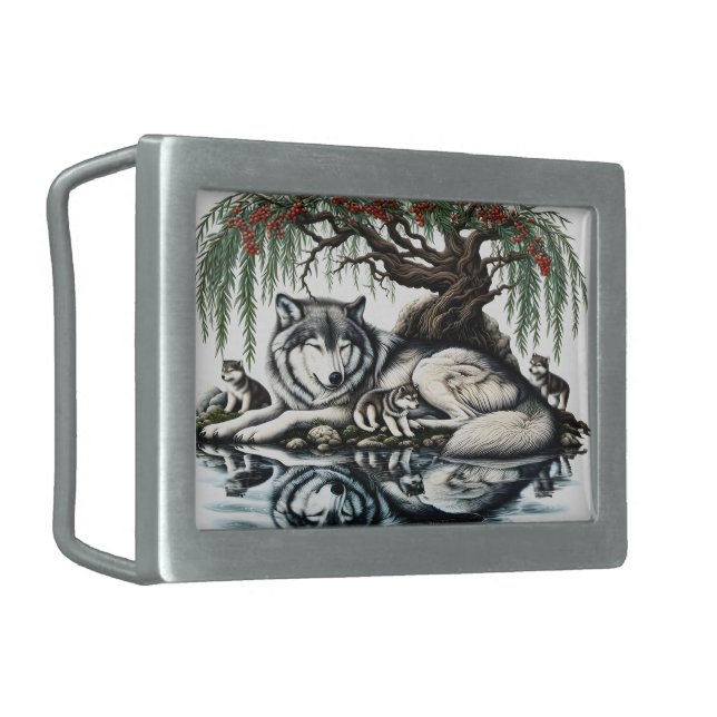Serene Wolf Family Oasis in Idyllic Nature Belt Buckle (Front Left)