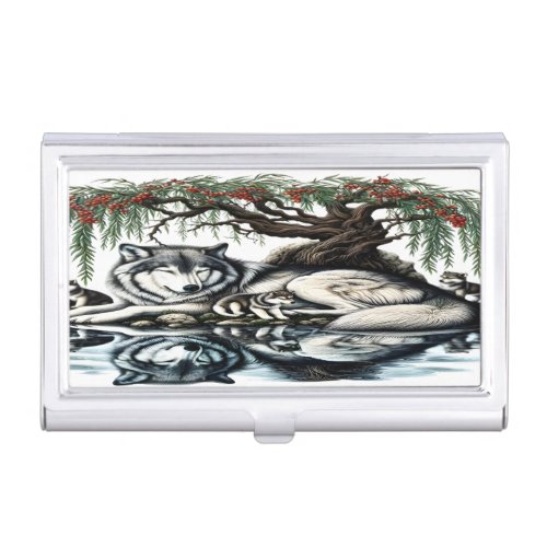 Serene Wolf Family Oasis in Idyllic Nature Business Card Case