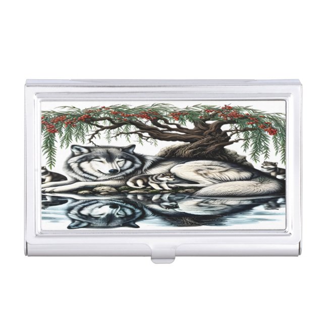 Serene Wolf Family Oasis in Idyllic Nature Business Card Case (Front)