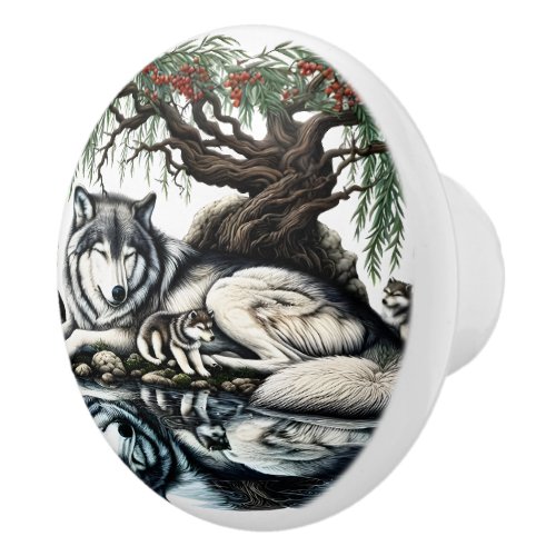Serene Wolf Family Oasis in Idyllic Nature Ceramic Knob