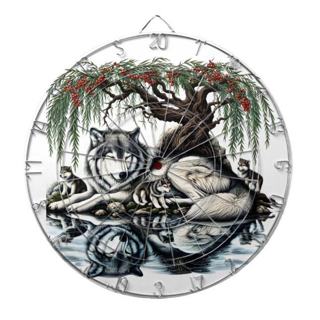 Serene Wolf Family Oasis in Idyllic Nature Dart Board (Front)