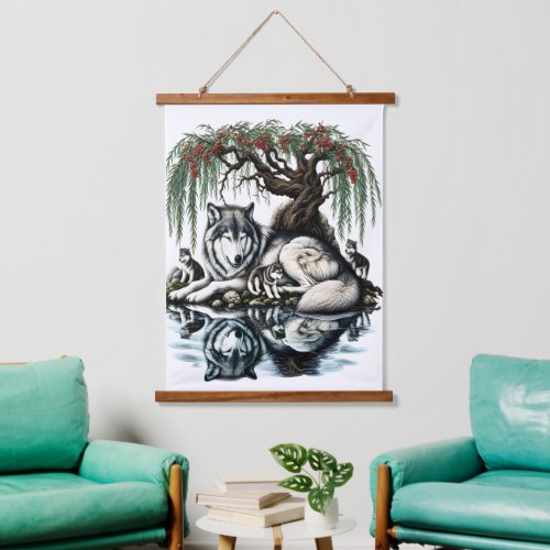 Serene Wolf Family Oasis in Idyllic Nature Hanging Tapestry