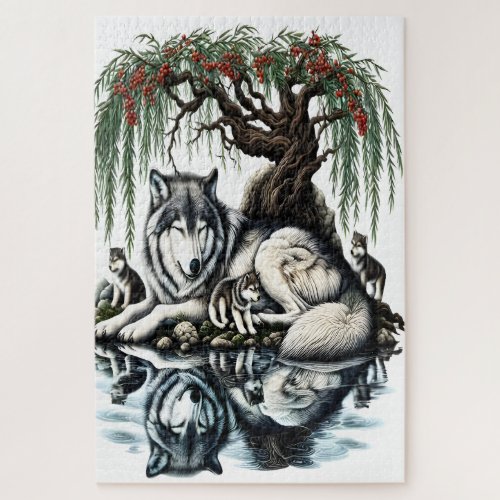 Serene Wolf Family Oasis in Idyllic Nature Jigsaw Puzzle