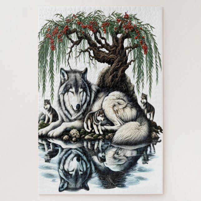 Serene Wolf Family Oasis in Idyllic Nature Jigsaw Puzzle (Vertical)