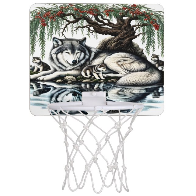 Serene Wolf Family Oasis in Idyllic Nature Mini Basketball Hoop (Front)