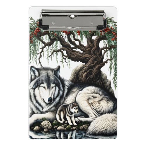 Serene Wolf Family Oasis in Idyllic Nature Mini Clipboard