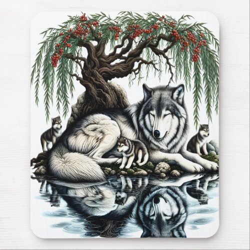 Serene Wolf Family Oasis in Idyllic Nature Mouse Pad