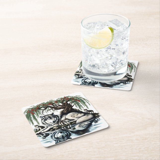 Serene Wolf Family Oasis in Idyllic Nature Square Paper Coaster (Insitu)