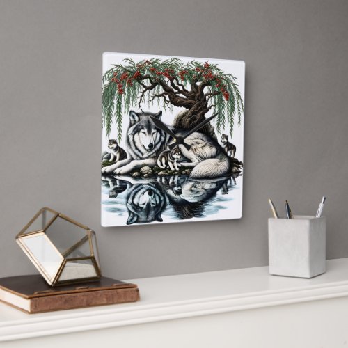 Serene Wolf Family Oasis in Idyllic Nature Square Wall Clock