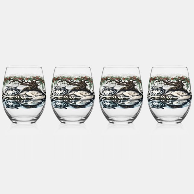 Serene Wolf Family Oasis in Idyllic Nature Stemless Wine Glass (Front)