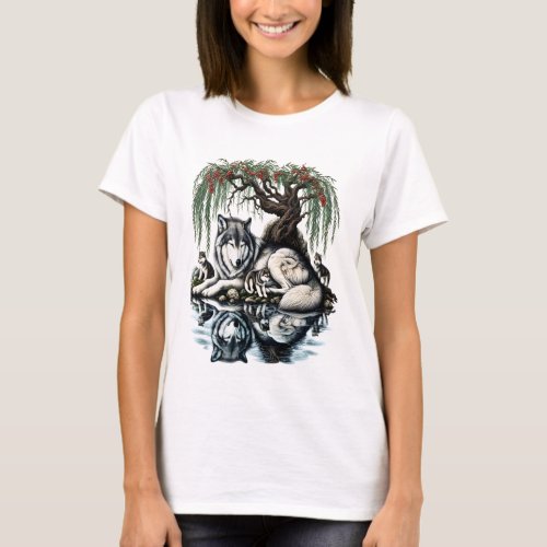 Serene Wolf Family Oasis in Idyllic Nature T_Shirt