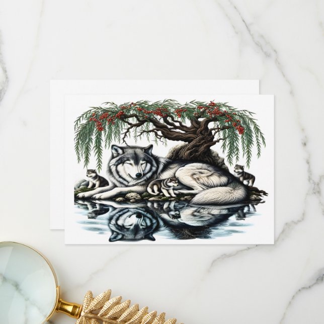 Serene Wolf Family Oasis in Idyllic Nature Thank You Card (Front/Back In Situ)