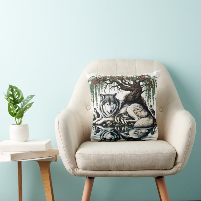 Serene Wolf Family Oasis in Idyllic Nature Throw Pillow (Chair)
