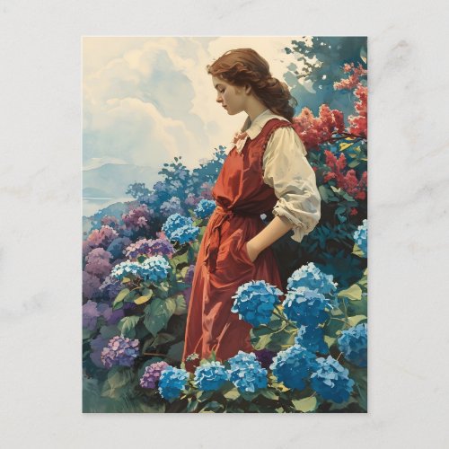 Serene Woman Amidst Colorful Hydrangeas Vintage Postcard