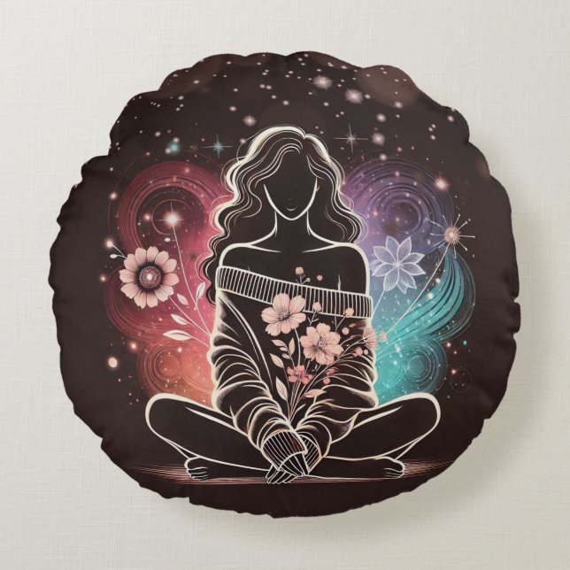 Serene Woman in a Cosmic Floral Dream Round Pillow (Front)